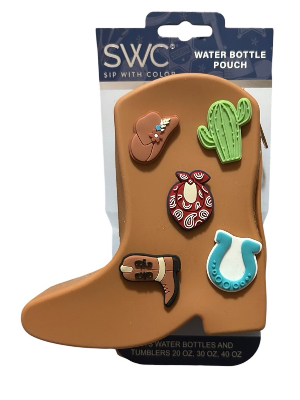 Brown Rubber Cowboy Boot Water Bottle Pouch with Removable Western Charms